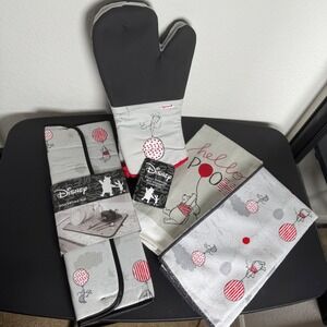 Disney Winnie the Pooh Kitchen Set 5pc Oven Mitts Drying Mat Towels Grey Red NEW